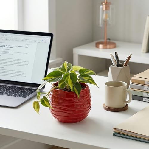 MyGift 5.5 Inch Modern Red Ceramic Wavy Planter Pot with Drainage Hole