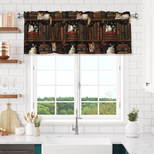Bookshelf Cat Valances for Windows Rod Pocket Curtain Valance 1 Panel Short Curtains for Kitchen Bathroom Living Room Bedroom Window Treatments - color: Bookshelf Cat