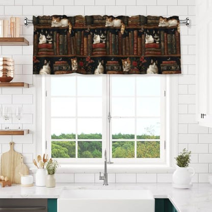 Bookshelf Cat Valances for Windows Rod Pocket Curtain Valance 1 Panel Short Curtains for Kitchen Bathroom Living Room Bedroom Window Treatments - color: Bookshelf Cat