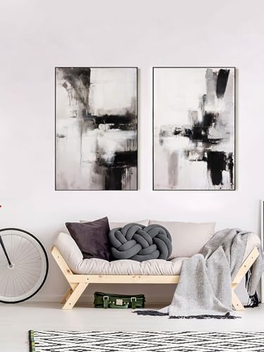 SAFERRYHOME Modern 3D Textured Black and White Abstract Wall Art, 24"x36"x2 - color: Black White, size: 24" x 36" x 2 Panel Framed