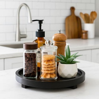 Round Wood Riser Bathroom Sink Tray for Kitchen Counter Vanity Perfume Tray - color: Black, size: 12"