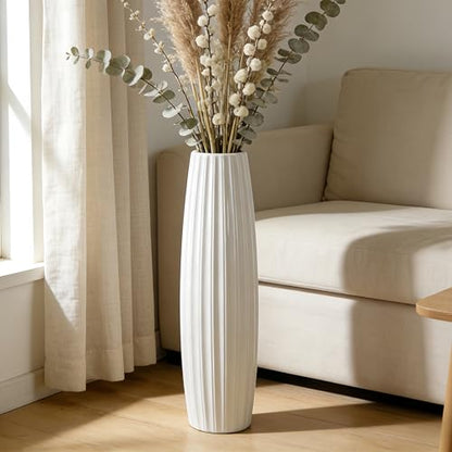 White Tall Ceramic Floor Vase, 28 Inch, Ribbed Drum Design - color: Vertical Stripes, size: Height-28 Inch