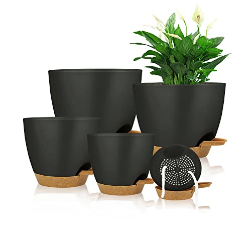 Self Watering Planters with Drainage Holes Reservoir,Nursery Planting Pot for Indoor Decor Garden Plants Succulents,Snake Plant, African Violet,Plastic Flower Pots Set 7+6.5+6+5.5+5 Inch (Black) - color: Black