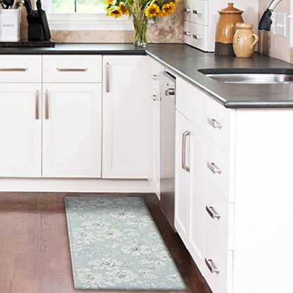 Laura Ashley - Anti-Fatigue Kitchen Mat, Iris Floral Design, Stain, Water & Fade Resistant, Cooking & Standing Relief, Non-Slip Backing, Measures 17.5" x 48", Light Blue Iris - color: Light Blue / Gray, size: 48"L x 17.5"W x 0.47"Th