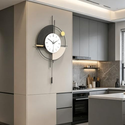 Large Black Modern Wall Clock with Pendulum Silent Battery Operated | MDF&metal material, quartz movement (<20dB), large black Arabic numerals, easy mount. Ideal for living room kitchen bedroom - size: 17.7x31in