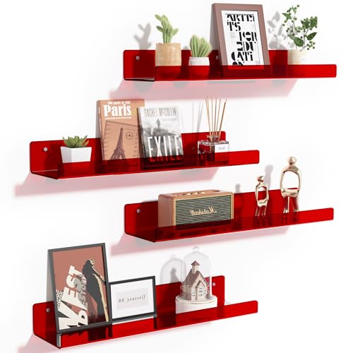upsimples 4 Pcs 15" Acrylic Shelves for Wall Decor and Display, Red - color: Red