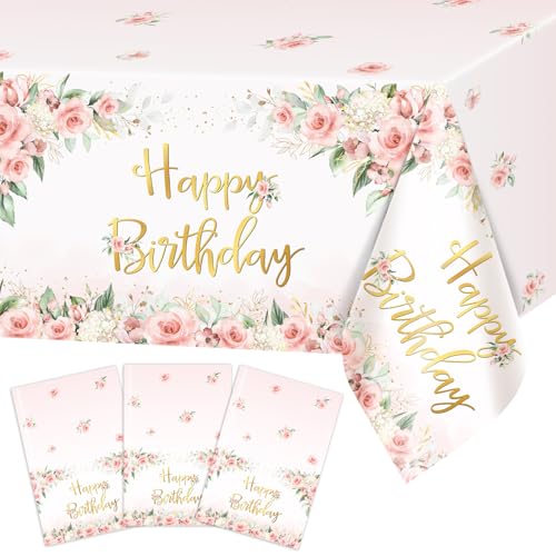Avezano 3 Pcs Rose Gold Party Decorations Pink Floral Happy Birthday Tablecloths for Girls Women Birthday Party Supplies 108 x 54 Inch