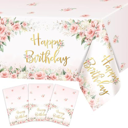 Avezano 3 Pcs Rose Gold Party Decorations Pink Floral Happy Birthday Tablecloths for Girls Women Birthday Party Supplies 108 x 54 Inch