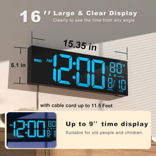 JALL 16" Large Digital Wall Mount Clock, Count Down Timer, Alarm, Big LED, DST, Temperature for Living Room Classroom Desk, Xmas, Birthday Gift for Senior Men Women Mom Dad, Blue - color: Blue, size: 16 inches