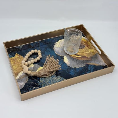 Serving Tray with Handles, 15.7 * 11.8 inches, Plastic Ottoman Tray with Exquisite Paintings, Trays for Coffee Table - color: Golden Rose Night