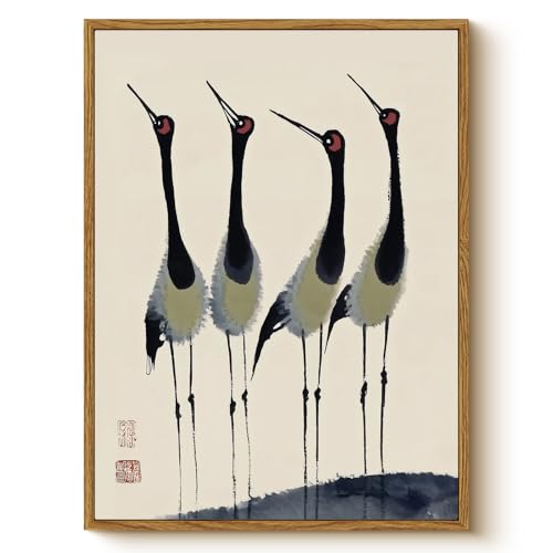 WHASAYART Vintage Framed Ink Crane Wall Art Bird Canvas Wall Decor 12x16 - color: Green Bird, size: 16"L x 12"W