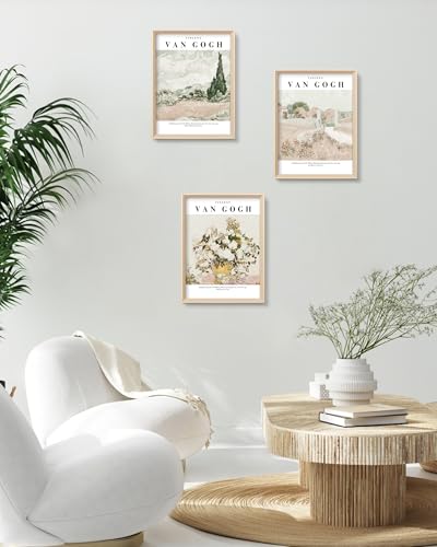 HesenDot Van Gogh Framed Wall Art, Neutral Canvas Prints Set of 3 - color: Framed Van Gogh Nature, size: 16"L x 12"W