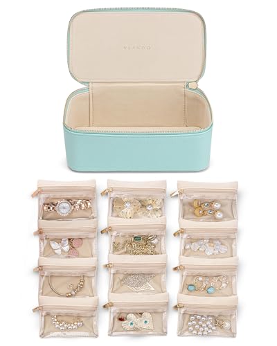 VLANDO Jewelry Travel Case with Clear 12 Velvet Bags,Lake Blue - color: 12PCS-Lake Blue