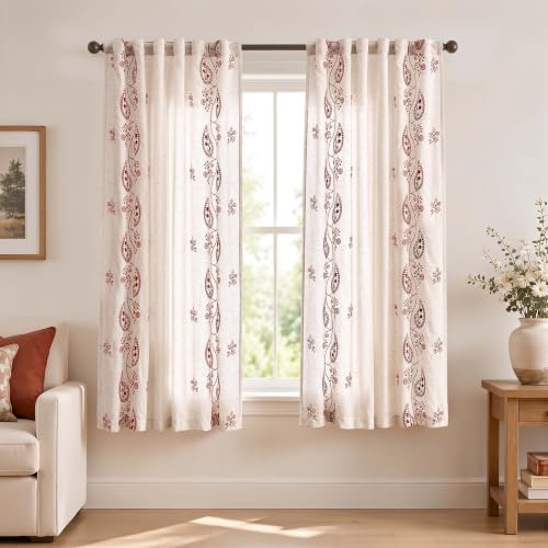 jinchan Linen Curtains 63 Inch Terracotta Floral Drapes Back Tab 2 Panels - color: Terracotta on Beige, size: 50"W x 63"L (Pack of 2)