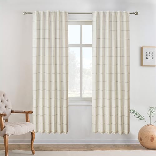 DriftAway 100% Blackout Plaid Linen Curtains 72 Inches Long 2 Panels Taupe - color: Taupe, size: 52"W x 72"L (Pack of 2)