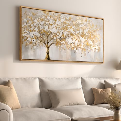 Large Framed Gold Tree Wall Art for Living Room, Neutral Gray White Canvas Painting for Modern and Elegant Home Decor, Golden Tree of Life Artwork for Bedroom Kitchen Dining Room Office, 20x40 Inch - color: Gold White, size: 40"L x 20"W