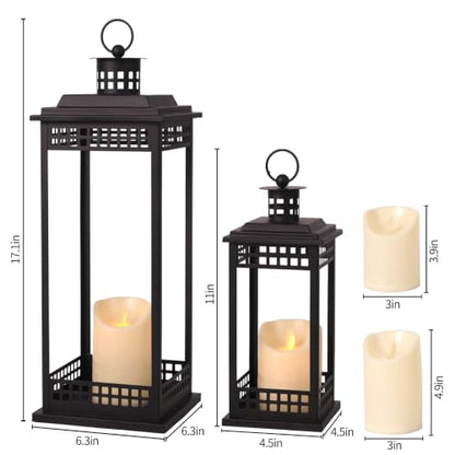 2 Pcs Decorative Lanterns Indoor, Black Lanterns with Candle for Home Decor - size: 17in and 11in