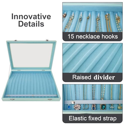 Clear Lid 15 Hooks Necklace Storage Box Women Anti-Tangle - color: Blue-15 necklaces