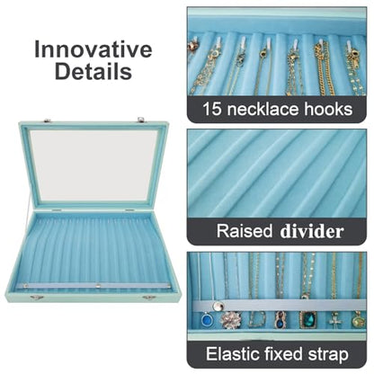 Clear Lid 15 Hooks Necklace Storage Box Women Anti-Tangle - color: Blue-15 necklaces