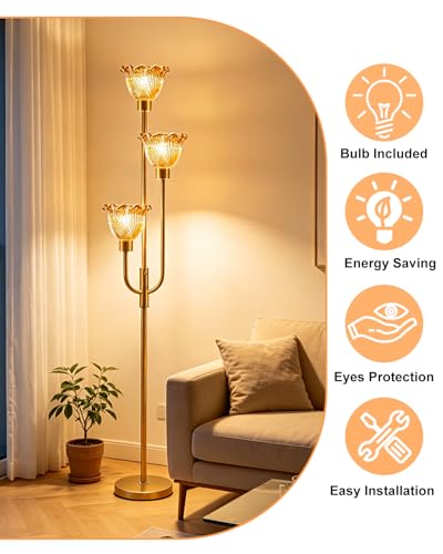 Glass Floor Lamp 66IN 3-Light Modern Amber Glass Gold Dimmable Floor Lamps - color: Amber Flower-Gold