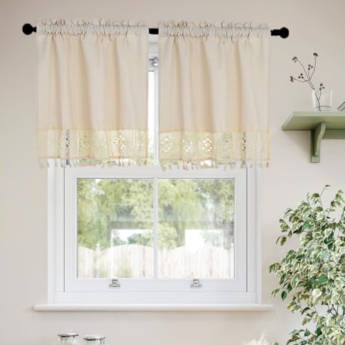 Molaxhome Linen Valances for Windows Boho Kitchen Valance Window Treatments - color: Beige, size: 24"W x 29.1"L (Pack of 1)