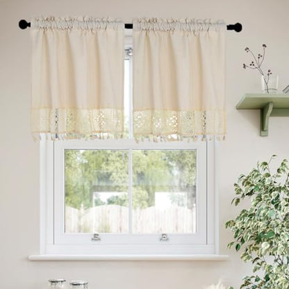 Molaxhome Linen Valances for Windows Boho Kitchen Valance Window Treatments - color: Beige, size: 24"W x 29.1"L (Pack of 1)