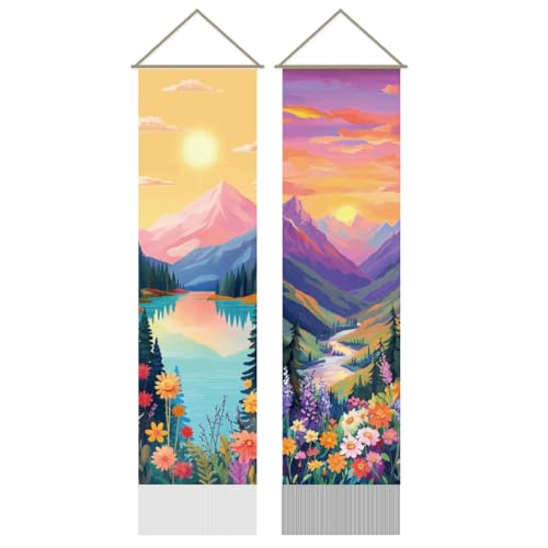 AHANDMAKER 2Pcs Colorful Sunrise and Sunset Tapestry, Mountain River Landscape Long Vertical Wall Hanging, Nature Scenery Tassel Wall Aesthetic Tapestry for Bedroom Living Room, 45.7x13Inch - color: Sunrise and Sunset
