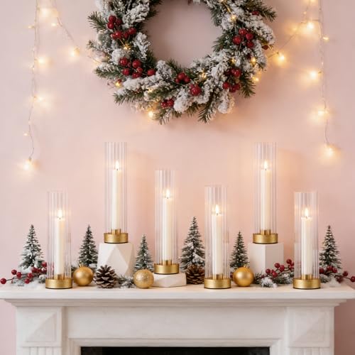 Hurricane Candle Holders Golden Taper Candle Sticks Holder, with 11" Thickened Glass Cylinder Covers Ribbed Candlesticks Holders Bulk Set of 10, Dining Table Centerpiece for Wedding - color: Clear Ribbed