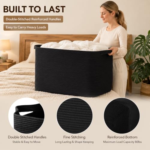 OIASKET 118L Extra Large Blanket Basket, 24.8" x 17.7" x 17.2" Woven Basket - color: Black, size: 24.8"x17.7"x16.2"