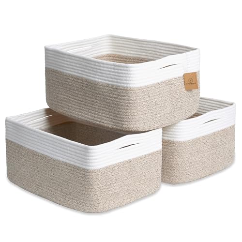 NaturalCozy Storage Baskets 16.8”x13”x7.6” Cotton Rope Woven Baskets for Organizing 3-Pack | Toy Storage Bins | Basket for Shelves, Laundry, Blanket, Clothes, Closet, Kitchen, Bathroom, Gifts - color: Off White & Mixed Brown