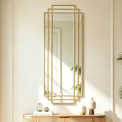 42"x16" Rectangle Beveled Wall Mirror with Black Geometric Frame - color: Gold, size: 42"L x 16"W