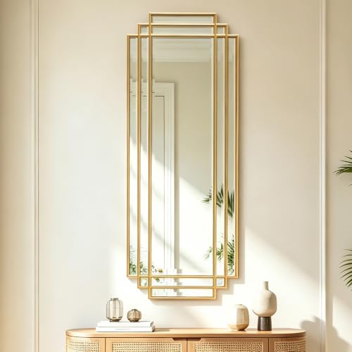 42"x16" Rectangle Beveled Wall Mirror with Black Geometric Frame - color: Gold, size: 42"L x 16"W