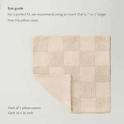 Double Stitch 100% Cotton Tufted Boho Checkered Throw Pillow Covers, Beige - color: Beige, size: 20" x 20" (Pack of 2)