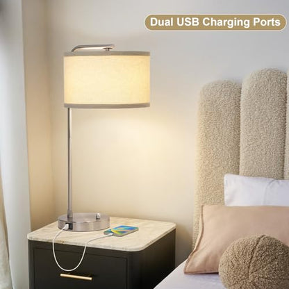 25" Tall Modern Bedside Lamp with USB C+A Ports, Fully Dimmable Table Lamp - color: Silver