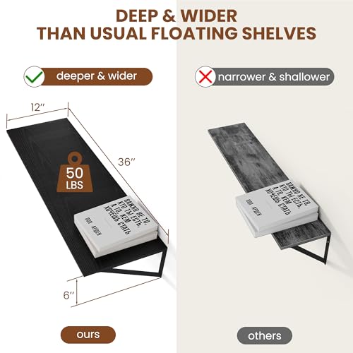 Heimlove 36W x 12D Deep Floating Shelves Set of 2 Black - color: Black With Black Metal Bracket, size: 36Wx12Dx5.8H