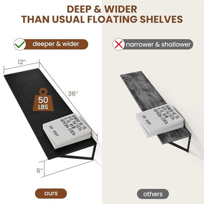 Heimlove 36W x 12D Deep Floating Shelves Set of 2 Black - color: Black With Black Metal Bracket, size: 36Wx12Dx5.8H