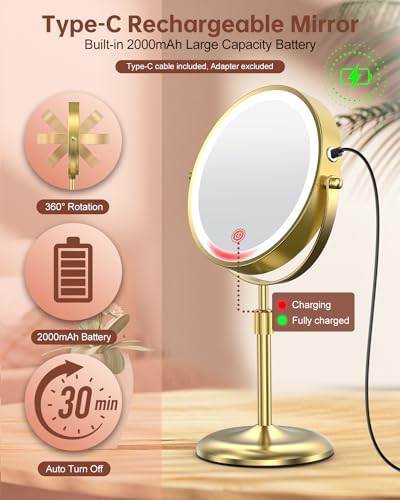 Benbilry 7" Lighted Makeup Mirror with 3 Color Lights & 10X Magnification, Adjustable Brightness & Height, 360° Swivel Rechargeable 10X LED Magnifying Vanity Mirror with Light, Gold - color: Gold