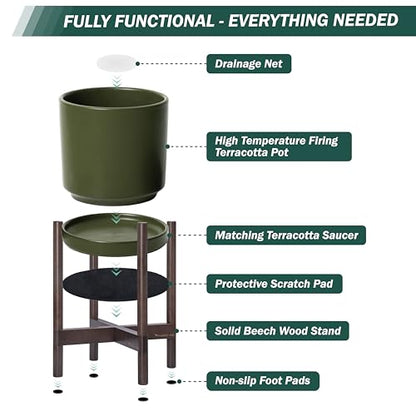 D'vine Dev Ceramic Pot with Walnut Wood Stand, Olive, 8 in, 55-B-Y-J - color: Olive Pot + Walnut Color Stand, size: 8 Inch