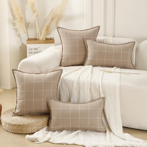 Pure Linen Plaid Throw Pillow Covers 18x18, Set of 2, Pink - color: Pink, size: 18x18inch