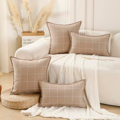 Pure Linen Plaid Throw Pillow Covers 18x18, Set of 2, Pink - color: Pink, size: 18x18inch