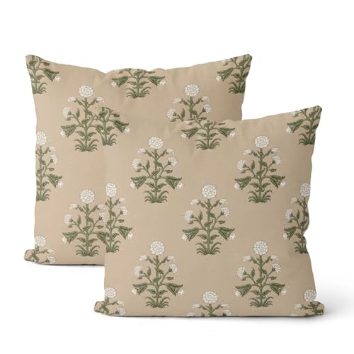 CXMEIFLY Beige Vintage Pillow Covers 18 x 18 Inch Set of 2 Boho Tan Khaki Floral Outdoor Decor Throw Pillows Neutral Block Print Flower Linen Farmhouse Decorative Pillowcases for Couch Bed Sofa - color: Beige Block Print, size: 18" x 18" (Pack of 2)
