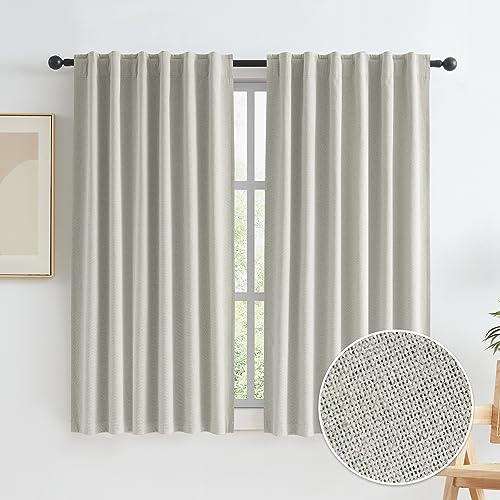 KEQIAOSUOCAI Greyish Beige 100% Blackout Linen Curtains, Completely Thermal Insulated Window Treatment Panels for Bedroom Nursery Hook Belt Back Tab, 2 Panels, 50 Inch Width x 63 Inch Length - color: Greyish Beige, size: 50"W x 63"L (Pack of 2)
