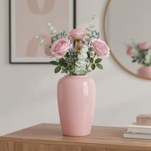 Pink Ceramic Vase - Cute Modern Vase for Home Decor - Decorative Flower Vase for Living Room, Mantel, Kitchen Table, Easter Table, Outdoor, Wedding Decor, 8 Inch - color: Pink