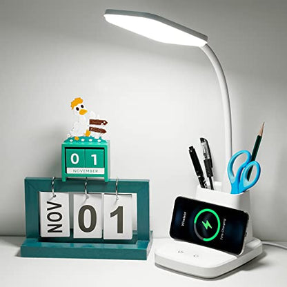 Upgraded 10W Wireless Charging LED Desk Lamp with Pen Holder, White - color: White