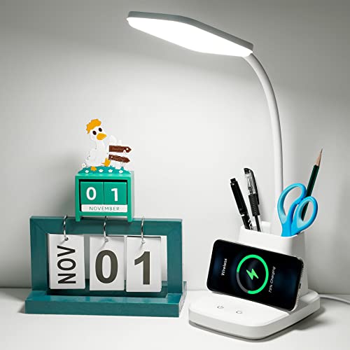 Upgraded 10W Wireless Charging LED Desk Lamp with Pen Holder, White - color: White