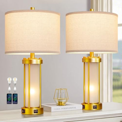 RORIA Modern Table Lamps for Living Room Set of 2 with 2 USB Ports - color: Gold