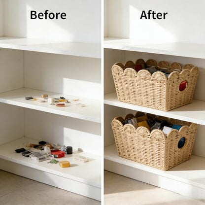 Scalloped Storage Baskets Set of 2, Built-In Handles