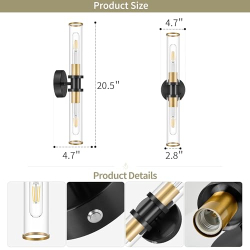Rayogale Black & Gold Wireless Battery Operated Wall Sconces with Remote - color: Black Gold(Clear Tubular Lampshade)