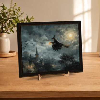 BIQRP Halloween Witch Flying On Broom Over Village Wall Art Decor - color: Flying1