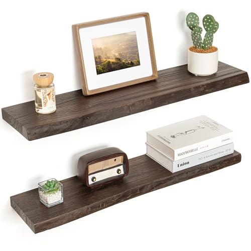 Floating Shelves for Wall, Solid Elm Wood Shelves, 32in Set of 2, Walnut - color: Walnut, size: Live Edge, 32inch, 2Packs